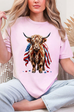 Painted Old Glory Highland Cow Comfort Colors Adult Ring - Spun Cotton Tee - Wholesale Accessory Market
