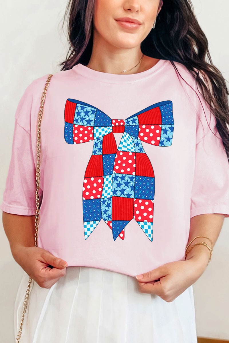 Patchwork Patriotic Bow Comfort Colors Adult Ring - Spun Cotton Tee - Wholesale Accessory Market