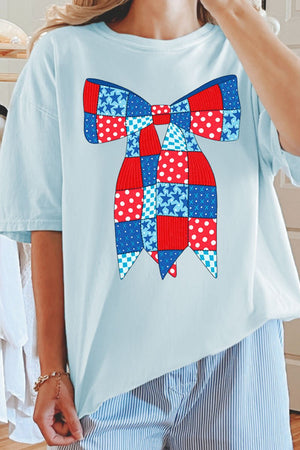 Patchwork Patriotic Bow Comfort Colors Adult Ring - Spun Cotton Tee - Wholesale Accessory Market