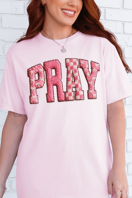 Pink Faux Yarn Coquette Pray Comfort Colors Adult Ring - Spun Cotton Tee - Wholesale Accessory Market