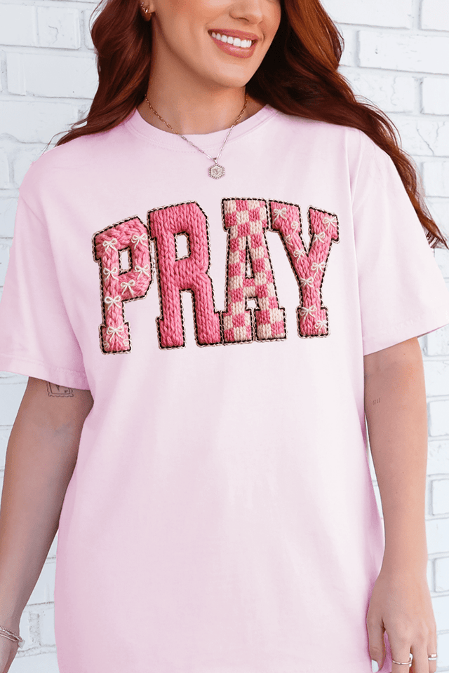 Pink Faux Yarn Coquette Pray Comfort Colors Adult Ring - Spun Cotton Tee - Wholesale Accessory Market