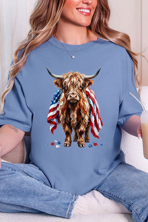 Painted Old Glory Highland Cow Comfort Colors Adult Ring - Spun Cotton Tee - Wholesale Accessory Market