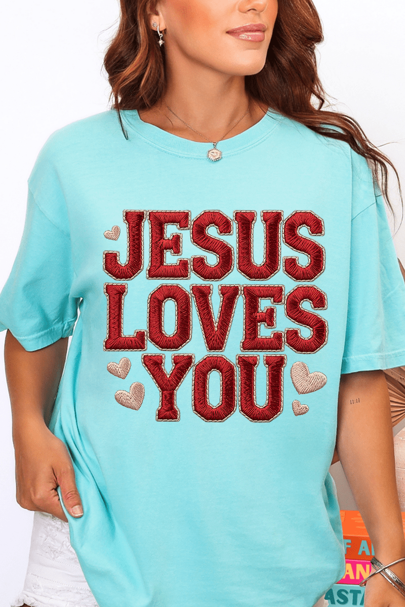 Faux Embroidery Jesus Loves You Comfort Colors Adult Ring - Spun Cotton Tee - Wholesale Accessory Market