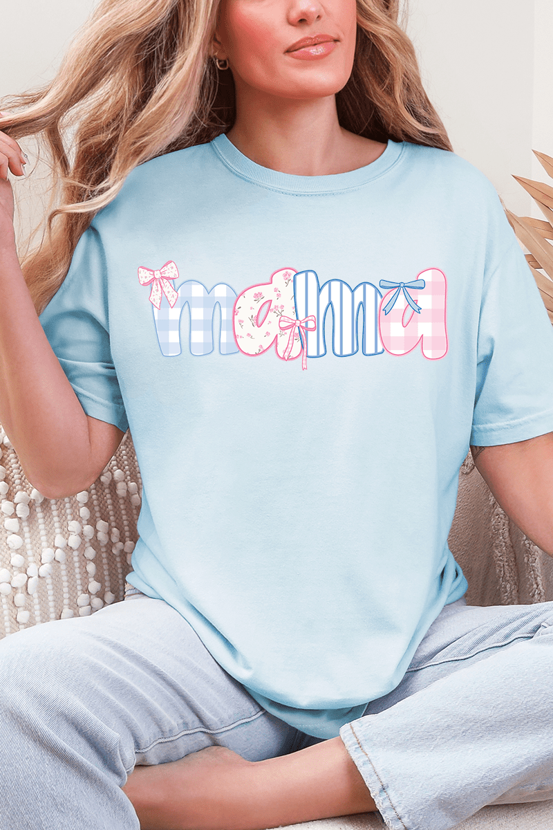 Coquette Floral Pink And Blue Mama Comfort Colors Adult Ring - Spun Cotton Tee - Wholesale Accessory Market