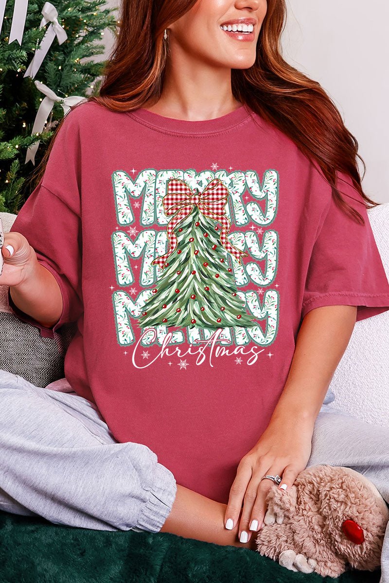 Stacked Holly Merry Christmas Tree Comfort Colors Adult Ring - Spun Cotton Tee - Wholesale Accessory Market