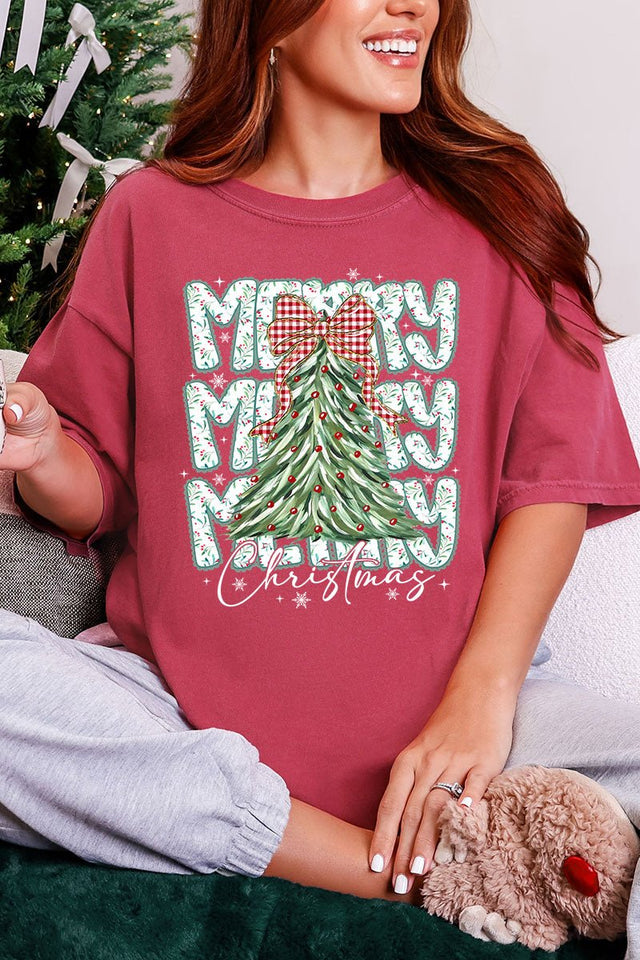Stacked Holly Merry Christmas Tree Comfort Colors Adult Ring - Spun Cotton Tee - Wholesale Accessory Market