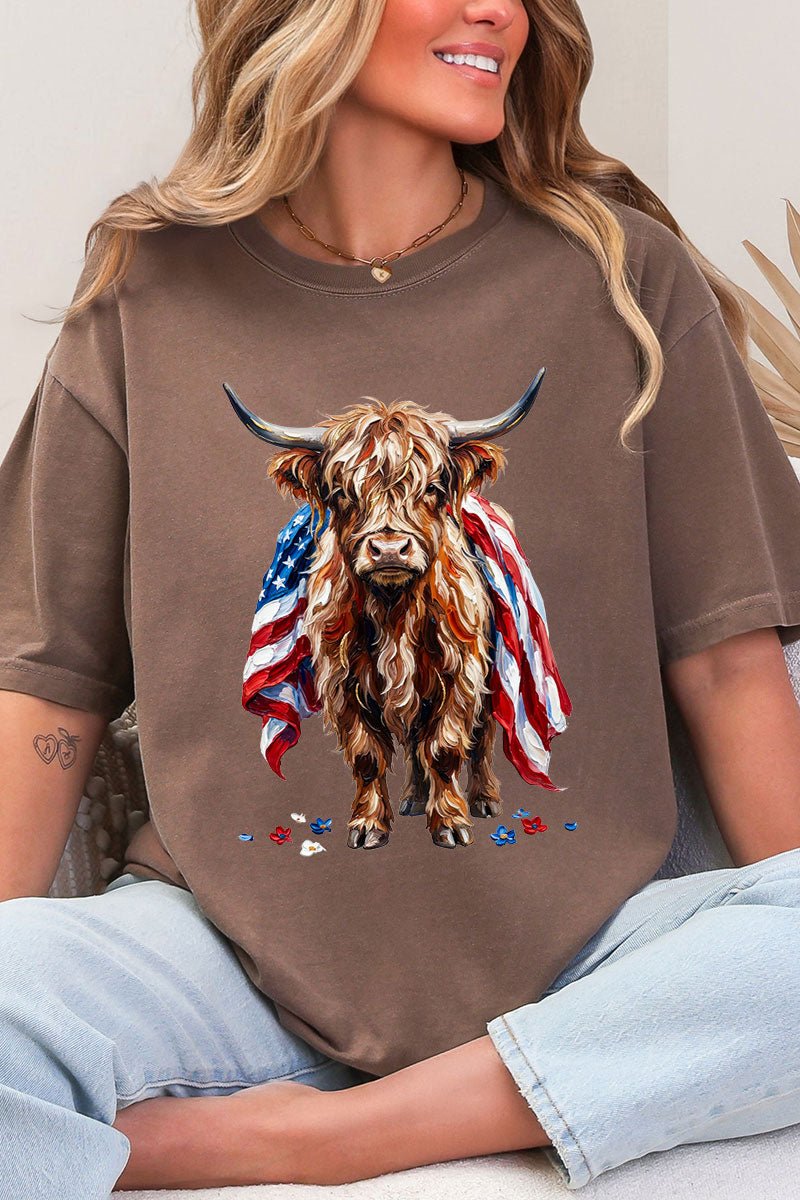 Painted Old Glory Highland Cow Comfort Colors Adult Ring - Spun Cotton Tee - Wholesale Accessory Market