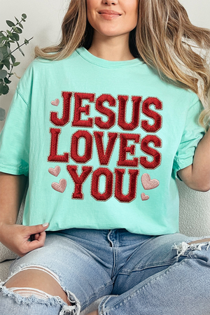 Faux Embroidery Jesus Loves You Comfort Colors Adult Ring - Spun Cotton Tee - Wholesale Accessory Market
