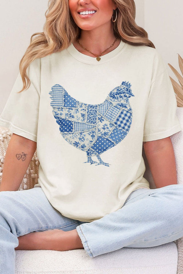 Faux Patchwork Blue Chicken Comfort Colors Adult Ring - Spun Cotton Tee - Wholesale Accessory Market