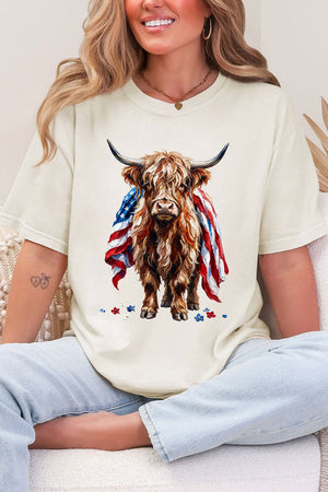Painted Old Glory Highland Cow Comfort Colors Adult Ring - Spun Cotton Tee - Wholesale Accessory Market