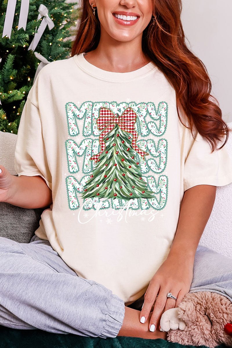 Stacked Holly Merry Christmas Tree Comfort Colors Adult Ring - Spun Cotton Tee - Wholesale Accessory Market