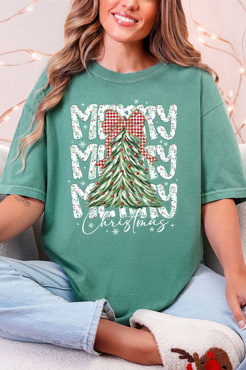 Stacked Holly Merry Christmas Tree Comfort Colors Adult Ring - Spun Cotton Tee - Wholesale Accessory Market