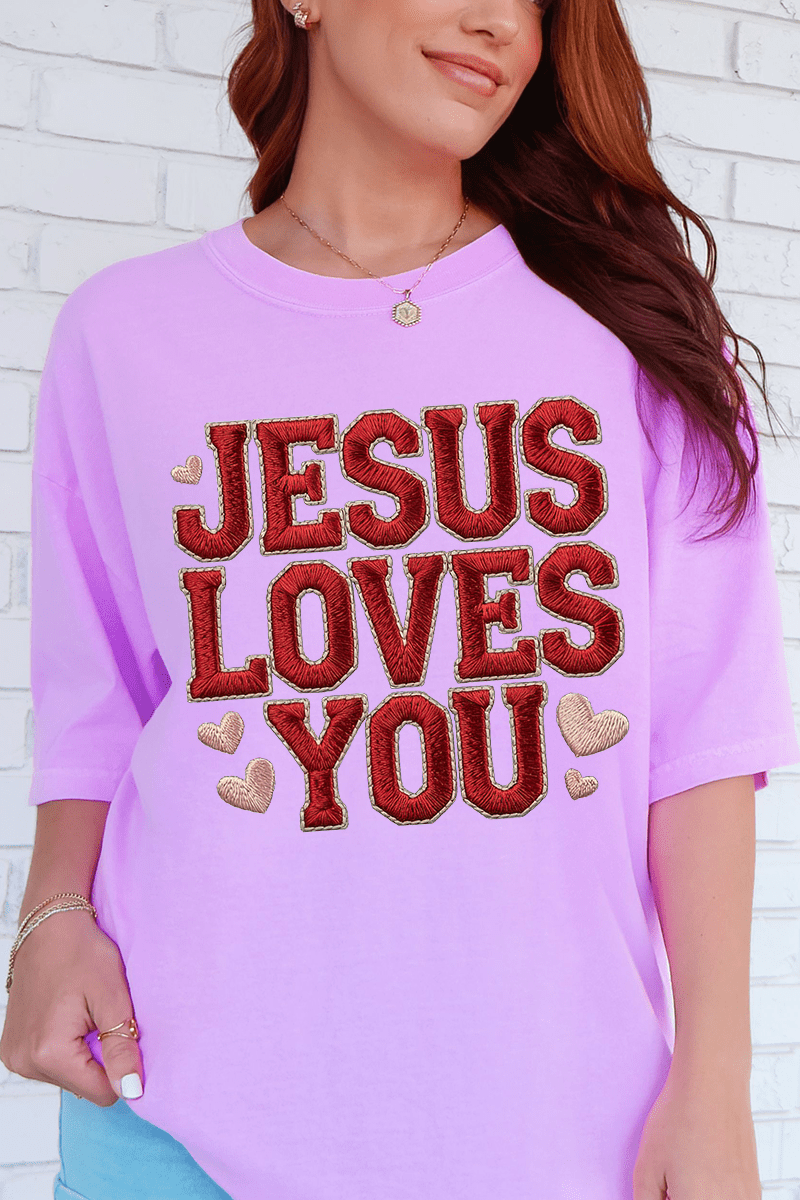 Faux Embroidery Jesus Loves You Comfort Colors Adult Ring - Spun Cotton Tee - Wholesale Accessory Market