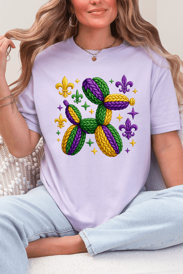 Faux Yarn Mardi Gras Balloon Dog Comfort Colors Adult Ring - Spun Cotton Tee - Wholesale Accessory Market
