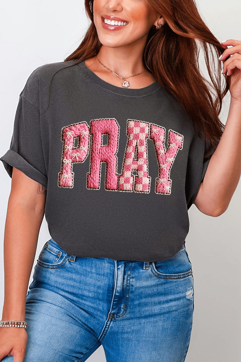 Pink Faux Yarn Coquette Pray Comfort Colors Adult Ring - Spun Cotton Tee - Wholesale Accessory Market
