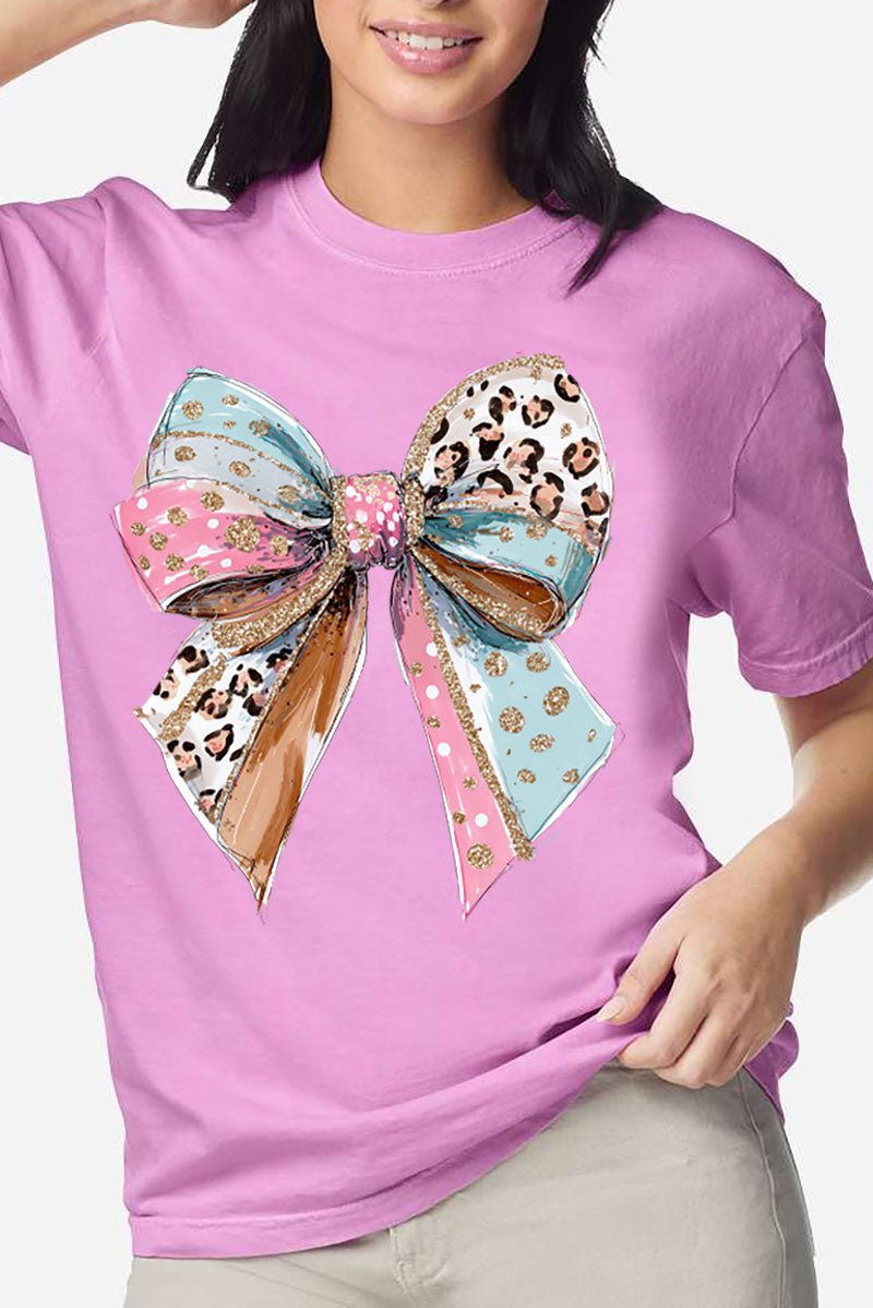 Pastel Leopard Bow Comfort Colors Adult Ring - Spun Cotton Tee - Wholesale Accessory Market