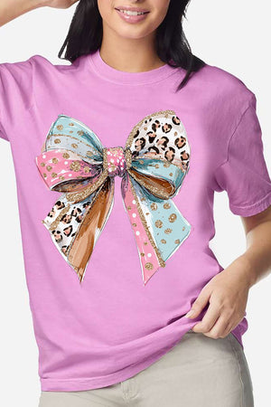 Pastel Leopard Bow Comfort Colors Adult Ring - Spun Cotton Tee - Wholesale Accessory Market