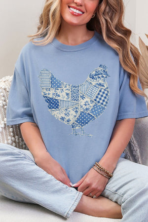 Faux Patchwork Blue Chicken Comfort Colors Adult Ring - Spun Cotton Tee - Wholesale Accessory Market