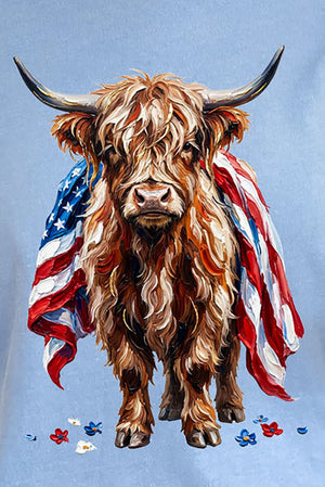 Painted Old Glory Highland Cow Comfort Colors Adult Ring - Spun Cotton Tee - Wholesale Accessory Market