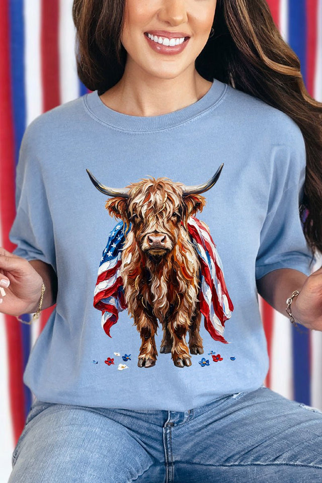 Painted Old Glory Highland Cow Comfort Colors Adult Ring - Spun Cotton Tee - Wholesale Accessory Market