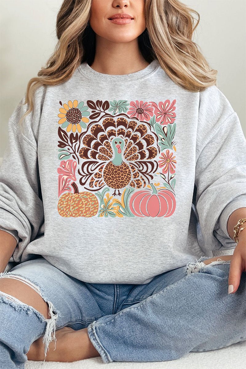 Fall Floral Turkey Heavy Blend Crew Sweatshirt - Wholesale Accessory Market