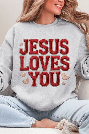 Faux Embroidery Jesus Loves You Heavy Blend Crew Sweatshirt - Wholesale Accessory Market