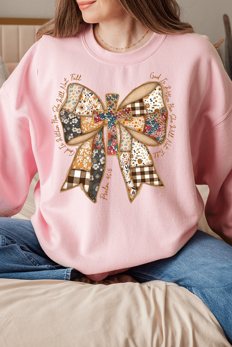 God Is Within Her Patchwork Bow Heavy - weight Crew Sweatshirt - Wholesale Accessory Market