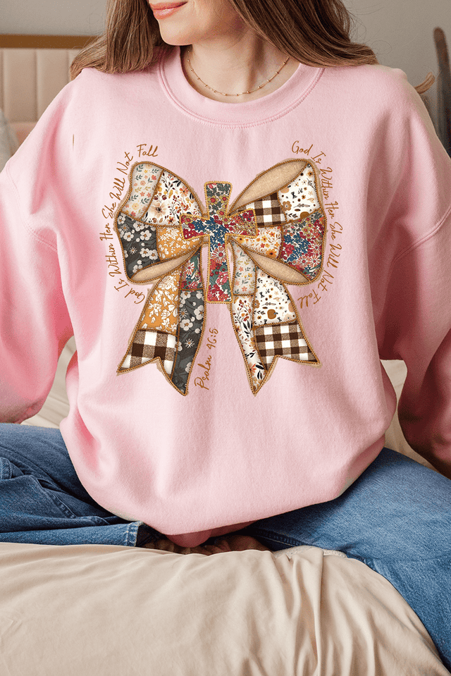 God Is Within Her Patchwork Bow Heavy - weight Crew Sweatshirt - Wholesale Accessory Market