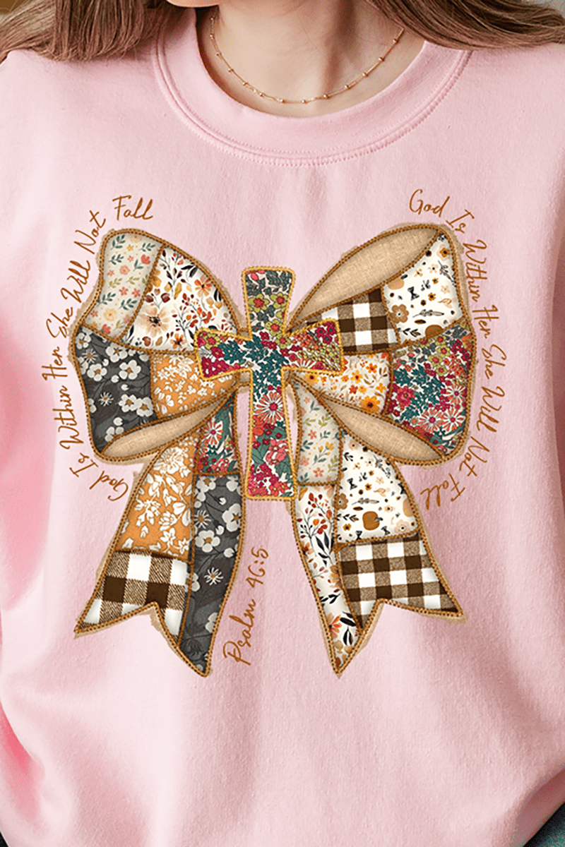 God Is Within Her Patchwork Bow Heavy - weight Crew Sweatshirt - Wholesale Accessory Market