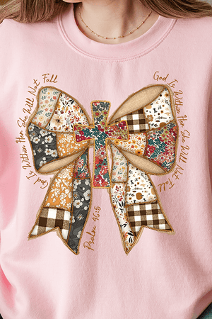 God Is Within Her Patchwork Bow Heavy - weight Crew Sweatshirt - Wholesale Accessory Market