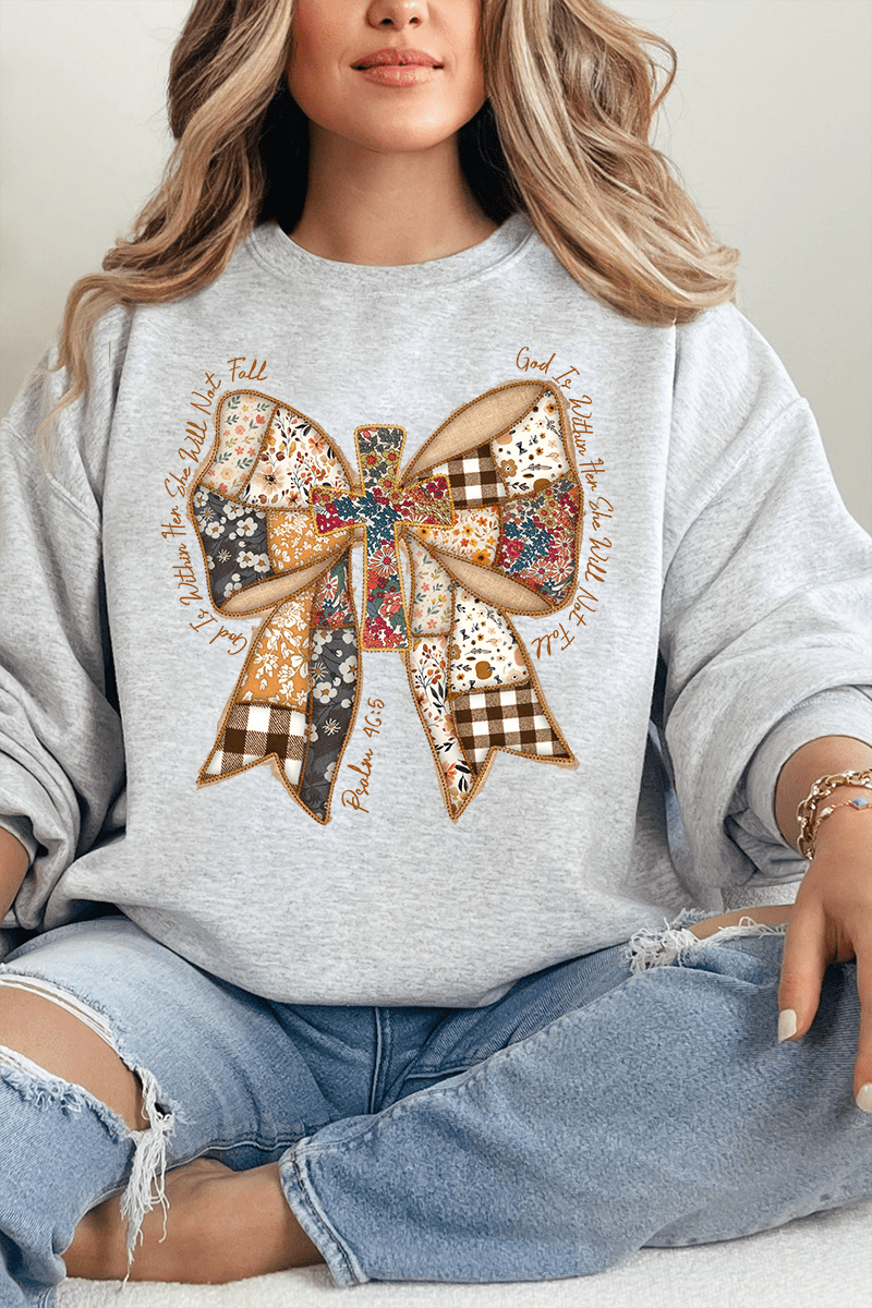 God Is Within Her Patchwork Bow Heavy - weight Crew Sweatshirt - Wholesale Accessory Market