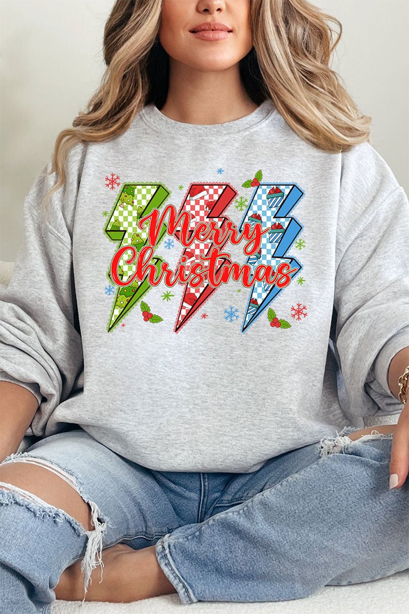 Merry Christmas Lightning Bolts Heavy - weight Crew Sweatshirt - Wholesale Accessory Market