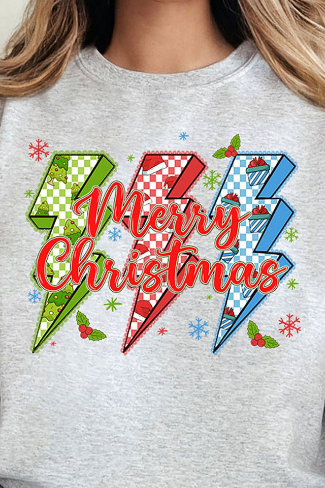Merry Christmas Lightning Bolts Heavy - weight Crew Sweatshirt - Wholesale Accessory Market