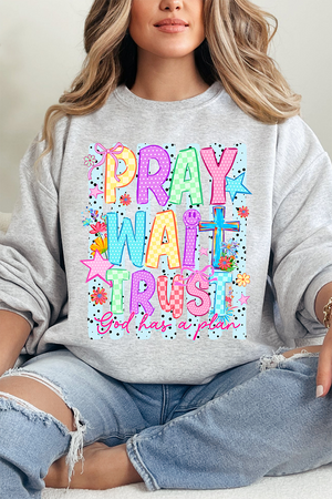 Pray Wait Trust Bright Doodle Heavy Blend Crew Sweatshirt - Wholesale Accessory Market