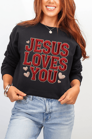 Faux Embroidery Jesus Loves You Heavy Blend Crew Sweatshirt - Wholesale Accessory Market