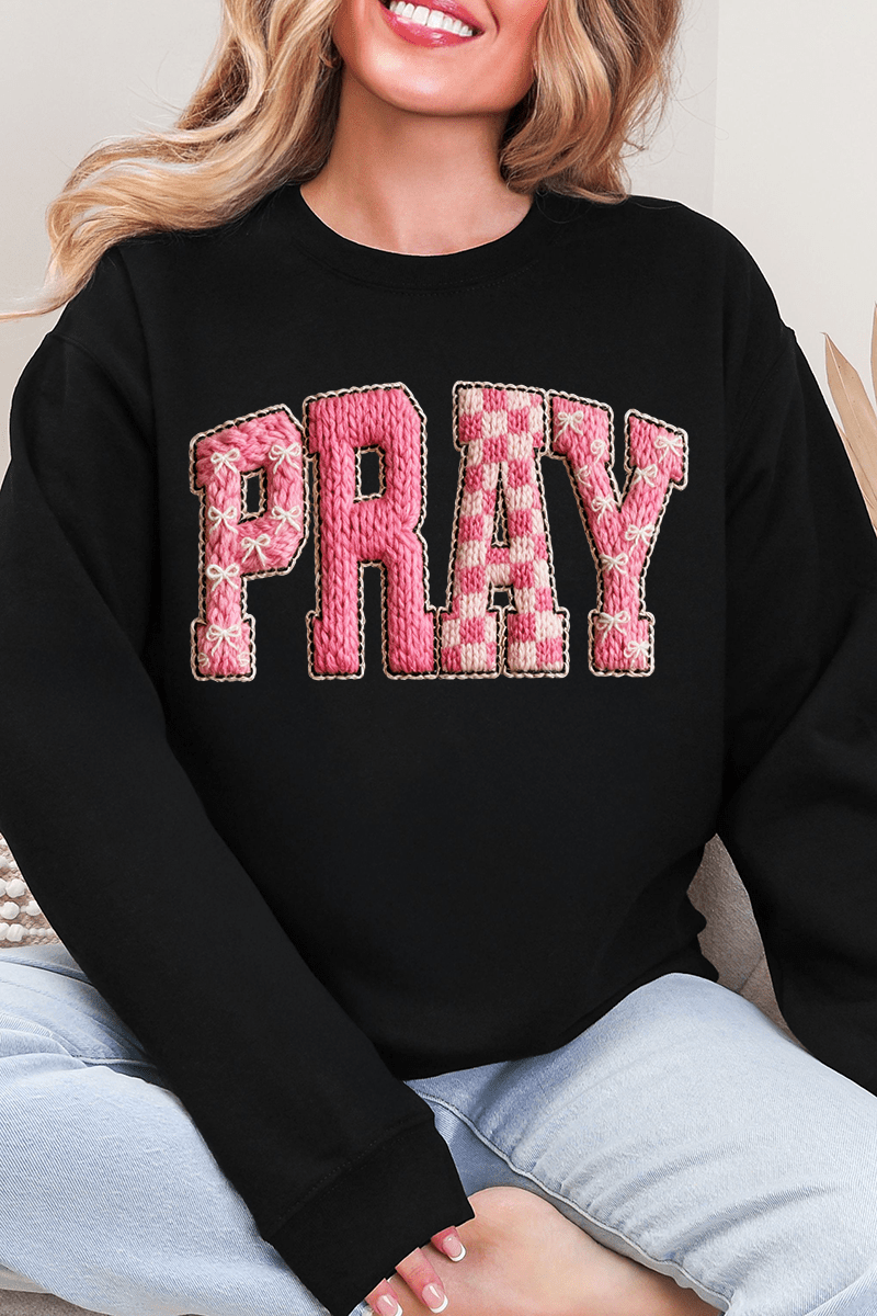 Pink Faux Yarn Coquette Pray Heavy Blend Crew Sweatshirt - Wholesale Accessory Market