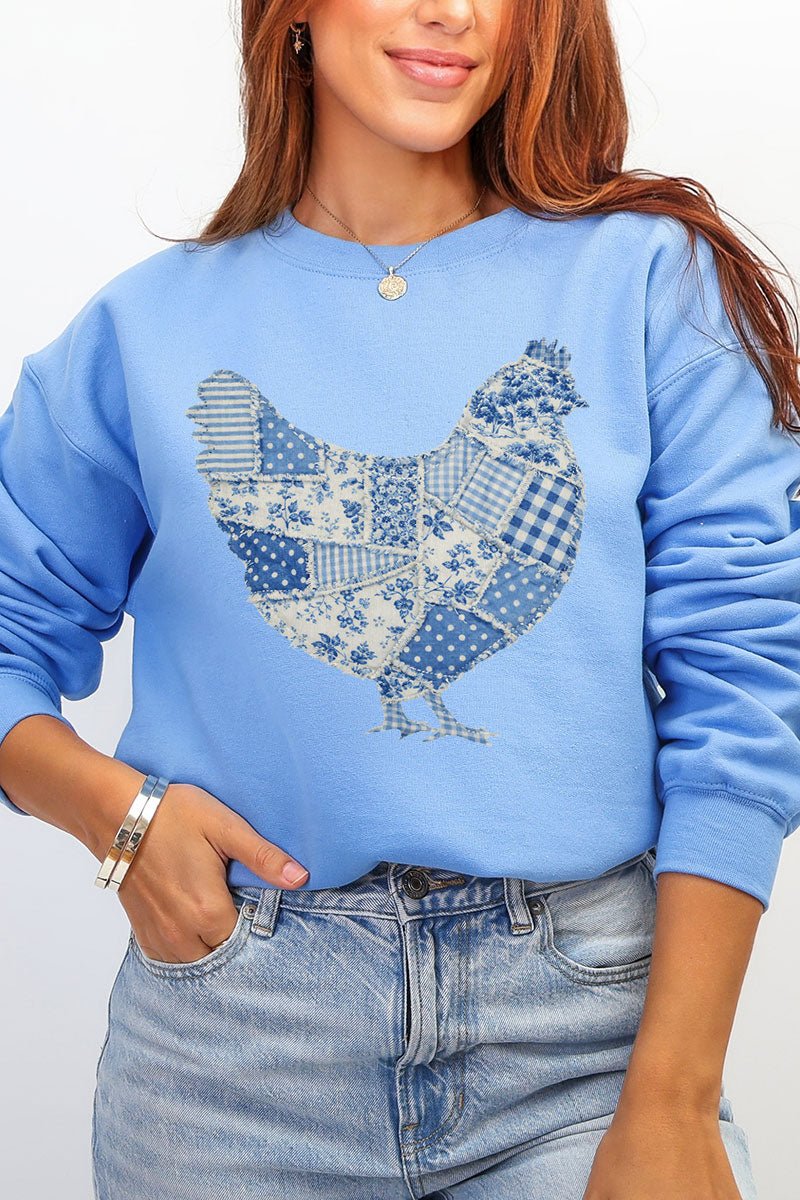 Faux Patchwork Blue Chicken Heavy Blend Crew Sweatshirt - Wholesale Accessory Market