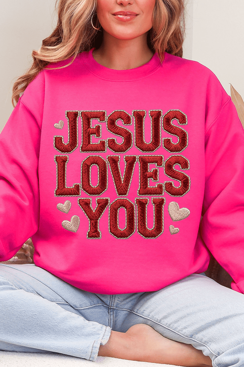 Faux Embroidery Jesus Loves You Heavy Blend Crew Sweatshirt - Wholesale Accessory Market