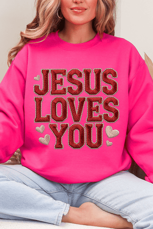 Faux Embroidery Jesus Loves You Heavy Blend Crew Sweatshirt - Wholesale Accessory Market