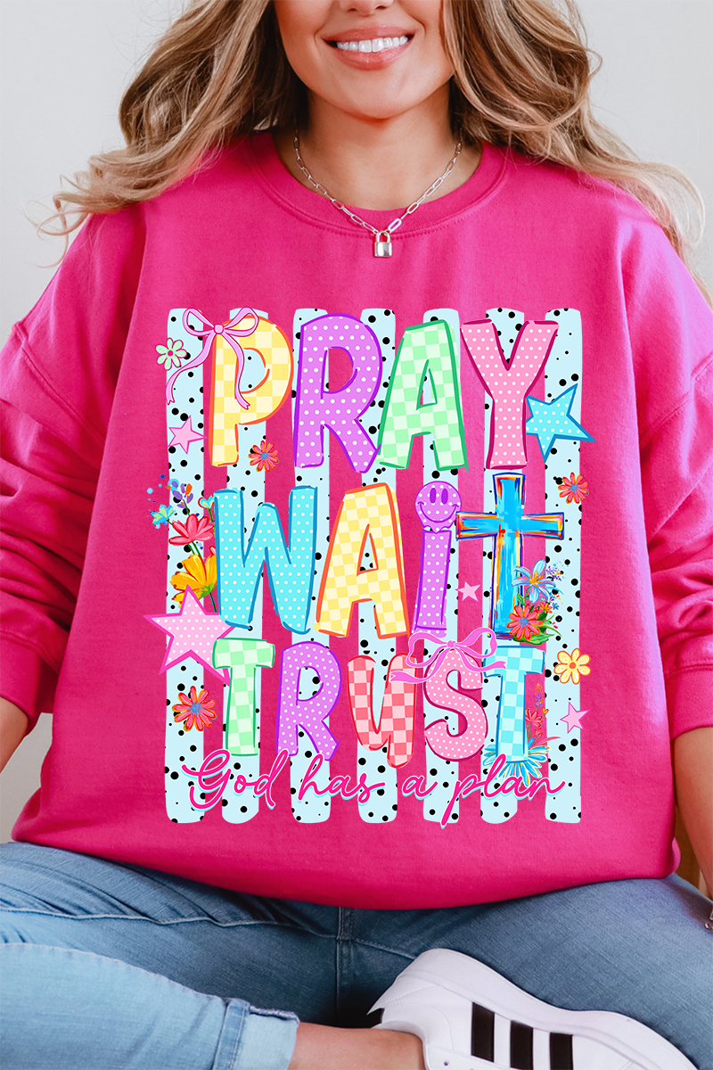 Pray Wait Trust Bright Doodle Heavy Blend Crew Sweatshirt - Wholesale Accessory Market