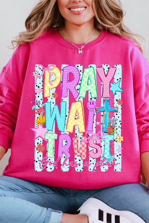 Pray Wait Trust Bright Doodle Heavy Blend Crew Sweatshirt - Wholesale Accessory Market
