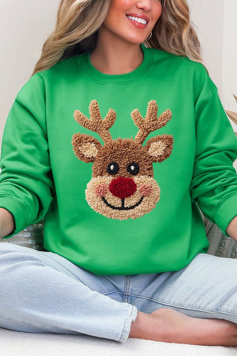 Faux Yarn Red Nose Reindeer Heavy Blend Crew Sweatshirt - Wholesale Accessory Market