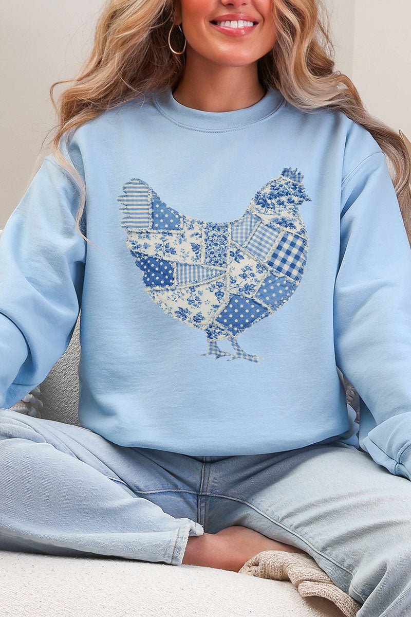 Faux Patchwork Blue Chicken Heavy Blend Crew Sweatshirt - Wholesale Accessory Market