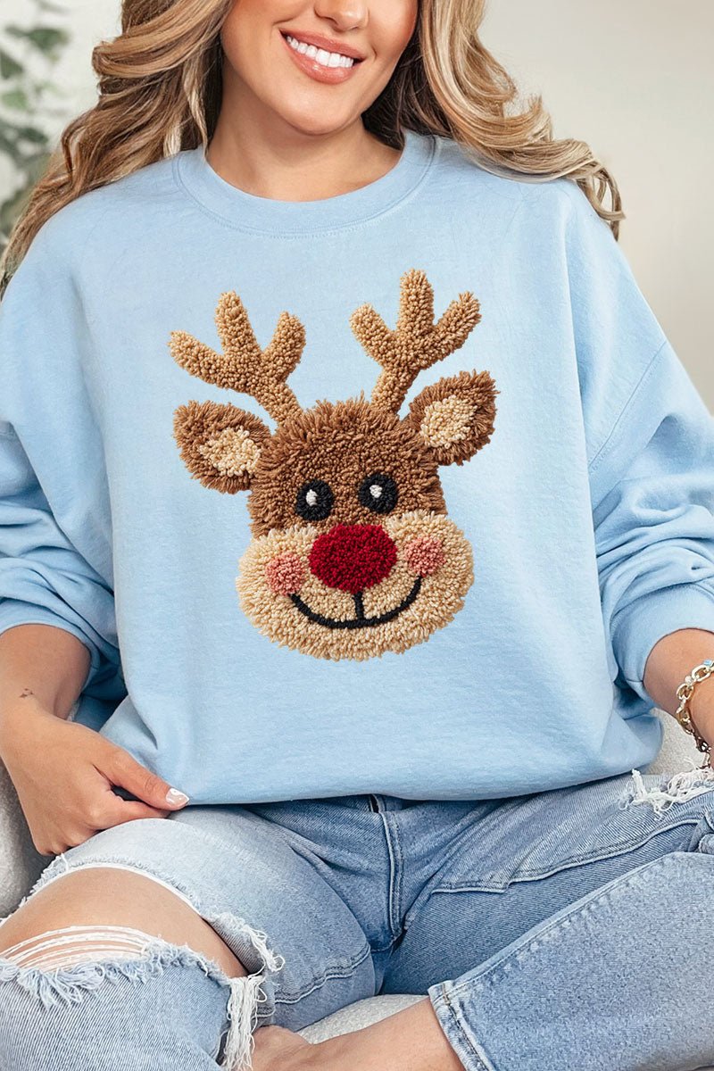 Faux Yarn Red Nose Reindeer Heavy Blend Crew Sweatshirt - Wholesale Accessory Market