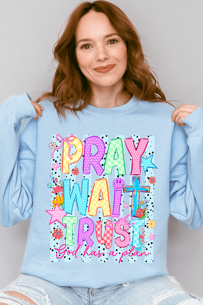 Pray Wait Trust Bright Doodle Heavy Blend Crew Sweatshirt - Wholesale Accessory Market