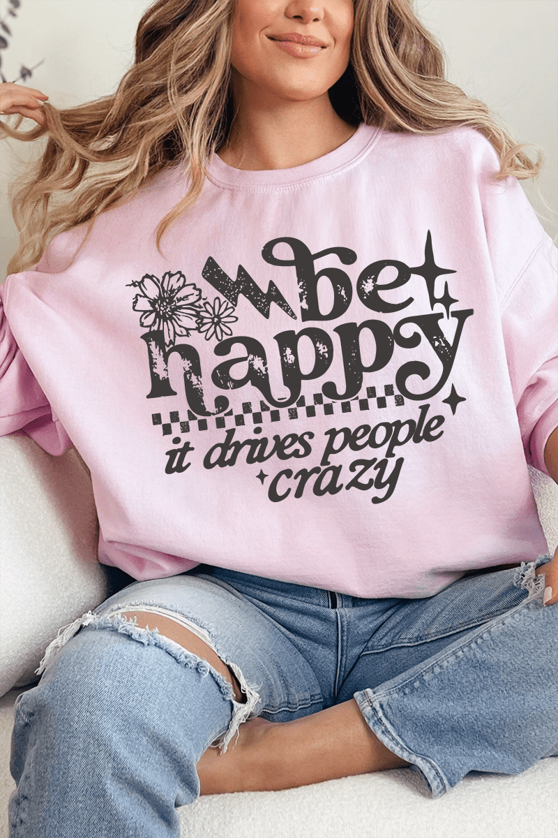 Black Be Happy Heavy Blend Crew Sweatshirt - Wholesale Accessory Market