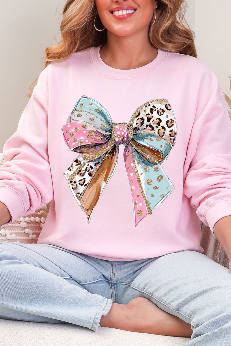 Pastel Leopard Bow Heavy Blend Crew Sweatshirt - Wholesale Accessory Market