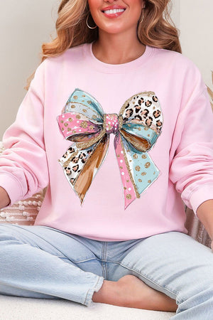 Pastel Leopard Bow Heavy Blend Crew Sweatshirt - Wholesale Accessory Market