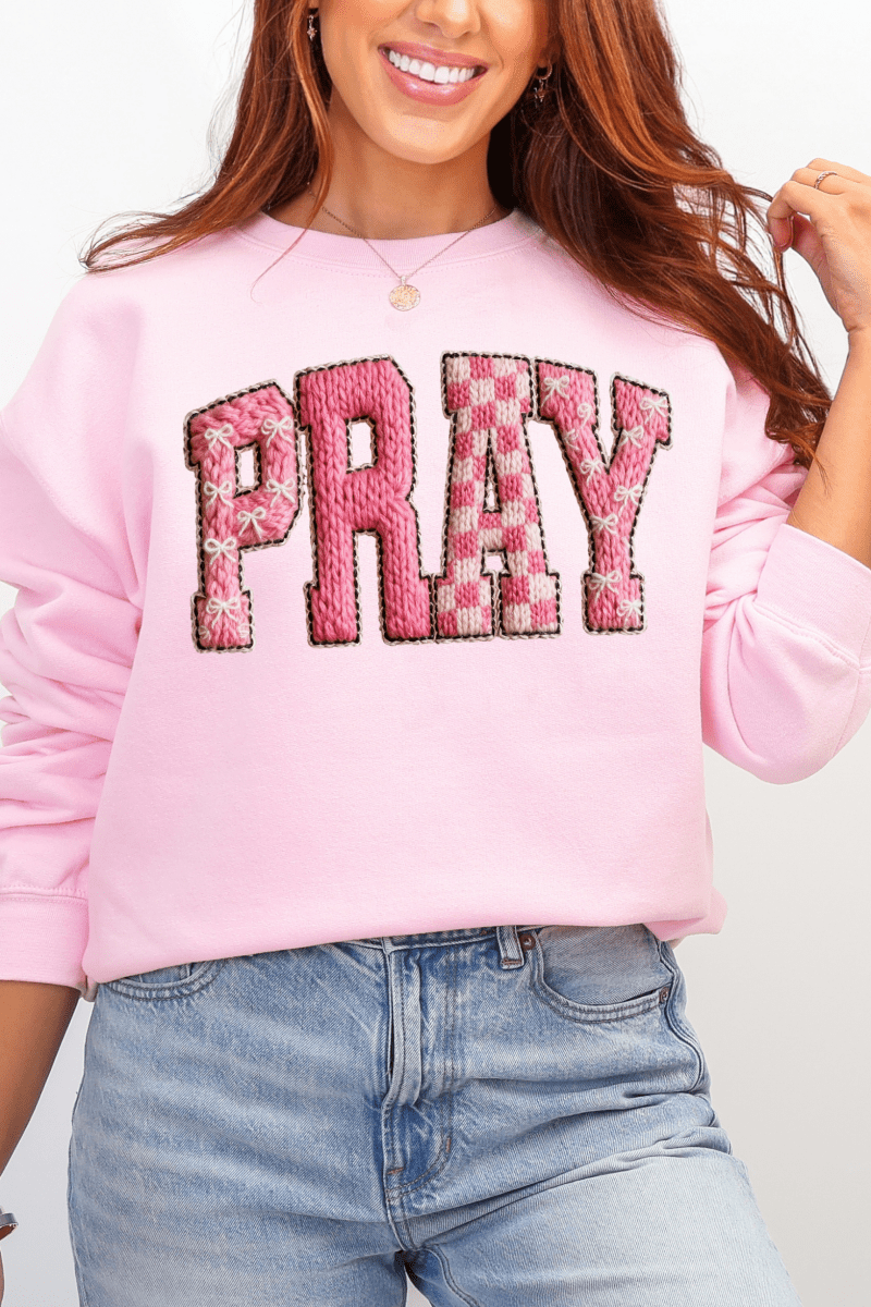 Pink Faux Yarn Coquette Pray Heavy Blend Crew Sweatshirt - Wholesale Accessory Market
