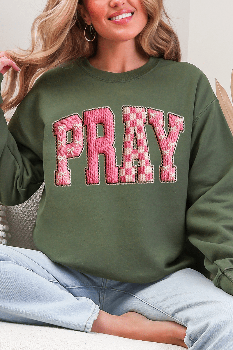 Pink Faux Yarn Coquette Pray Heavy Blend Crew Sweatshirt - Wholesale Accessory Market